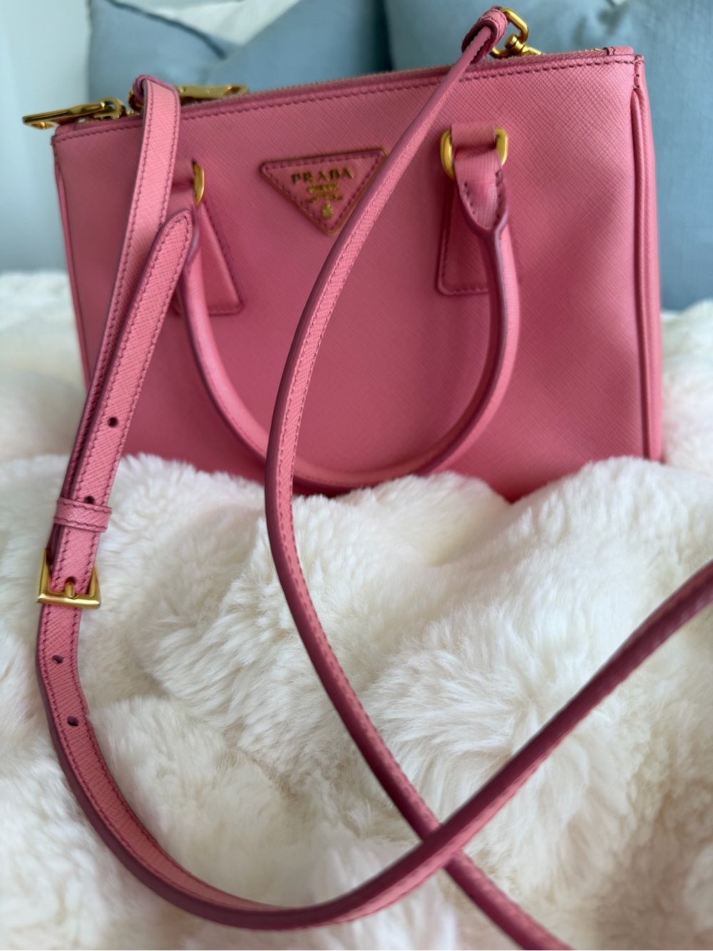 Prada Pink Saffiano Small Satchel with Gold Hardware